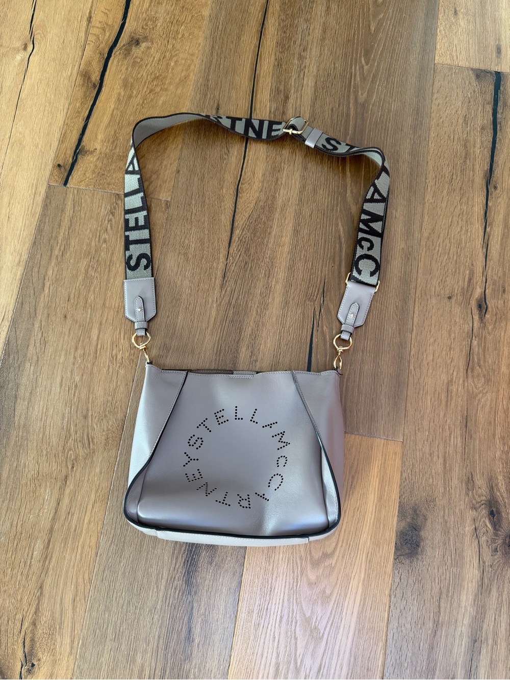 Stella McCartney Taupe Perforated Logo Crossbody with Branded Strap